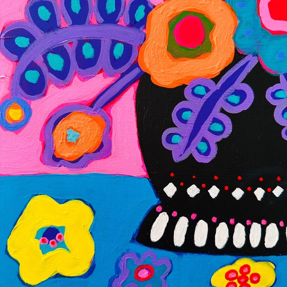 Original Painting Colorful Collectible Flowers 12" x 12" Wood One-of-a-Kind - Picture 5 of 8